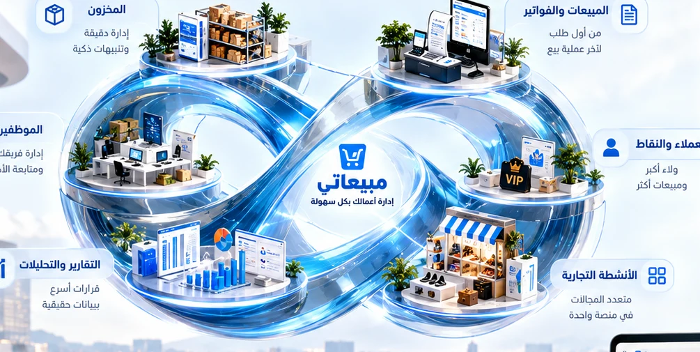 منظومة مبيعاتي ثلاثية الأبعاد على هيئة رمز اللانهاية تربط أقسام الإدارة